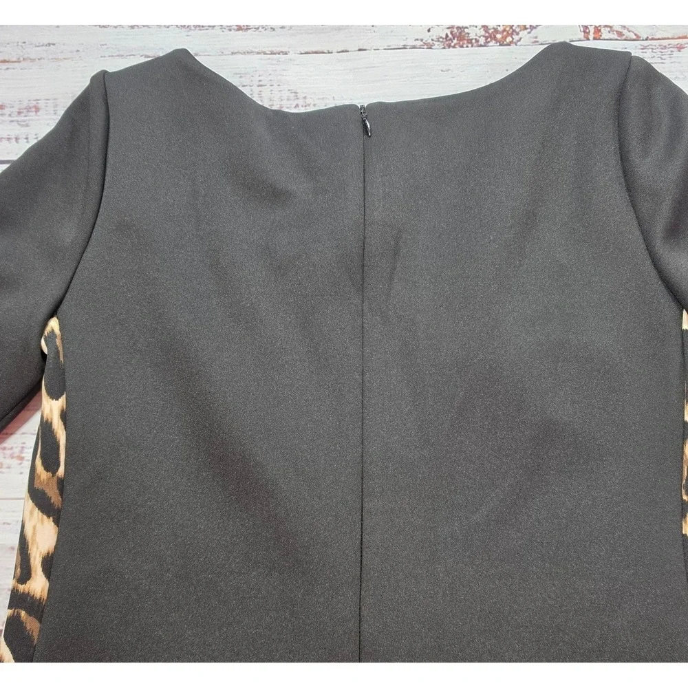 Vince Camuto Sheath Dress Women Size 4 Black Excellent Leopard Print Side Stripe